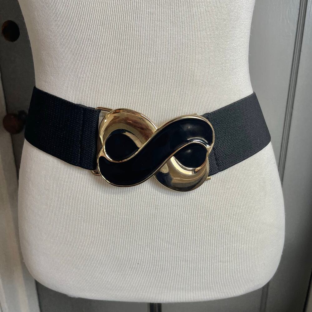Vintage 80s Black Stretch Belt Gold Large Statement Buckle Wide Waist Retro